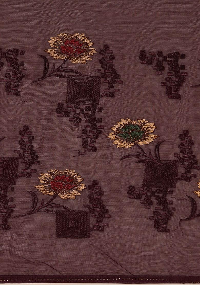 Purple Embroidered Blended Saree Set - Indya