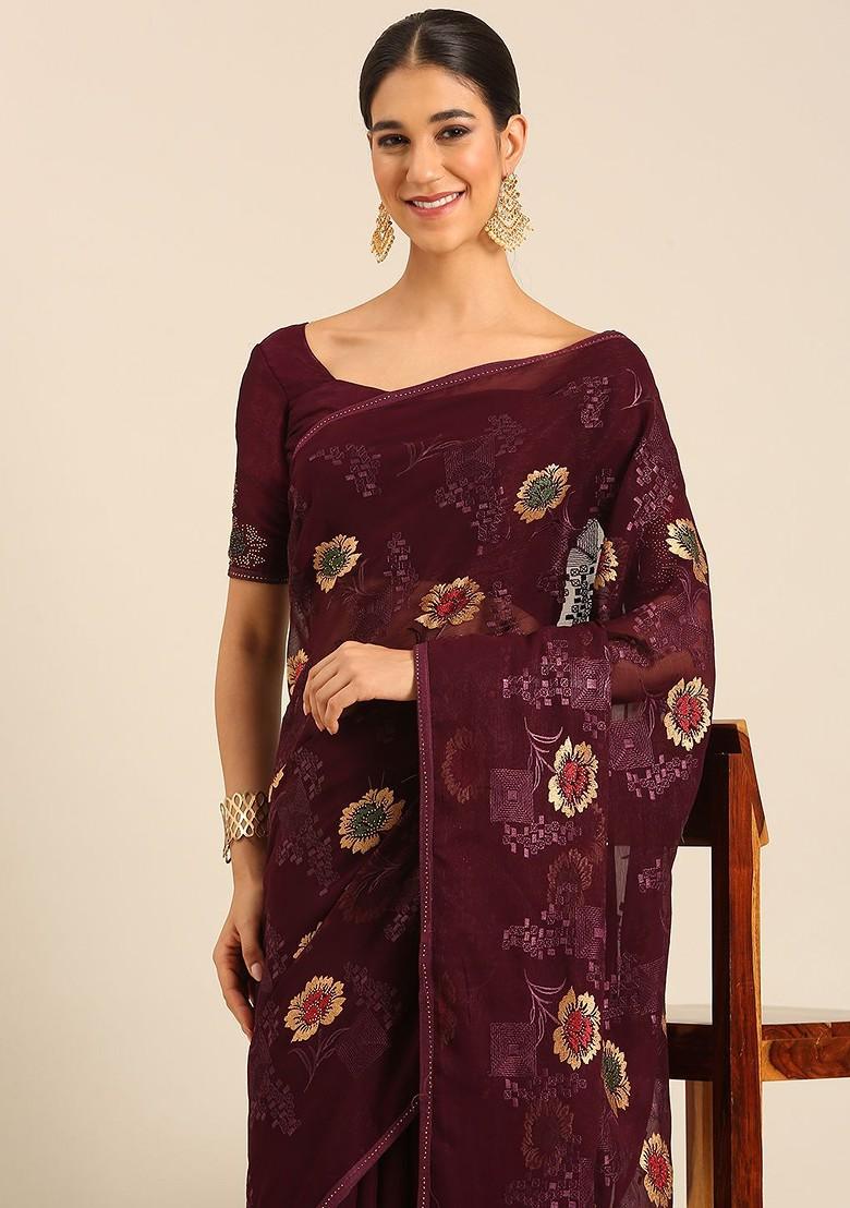 Purple Embroidered Blended Saree Set - Indya