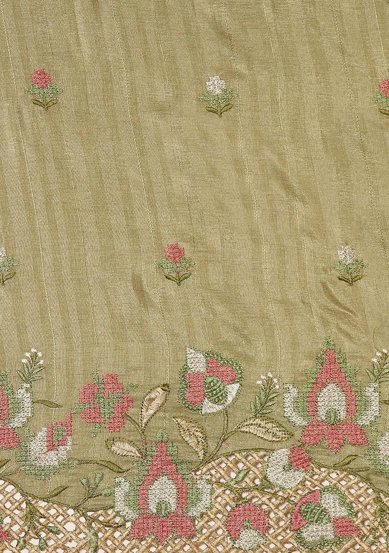 Green Embroidered Blended Saree Set - Indya