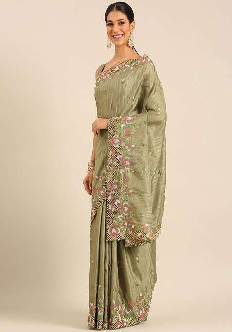 Green Embroidered Blended Saree Set for Diwali and Festive Wear
