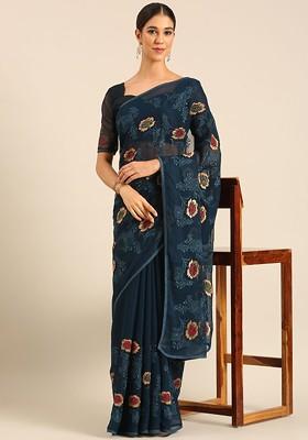 Blue Embroidered Blended Saree Set