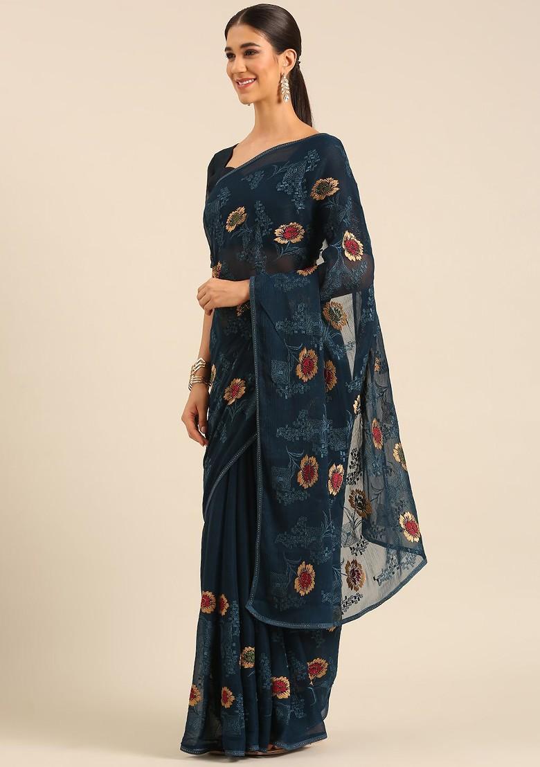 Blue Embroidered Blended Saree Set - Indya