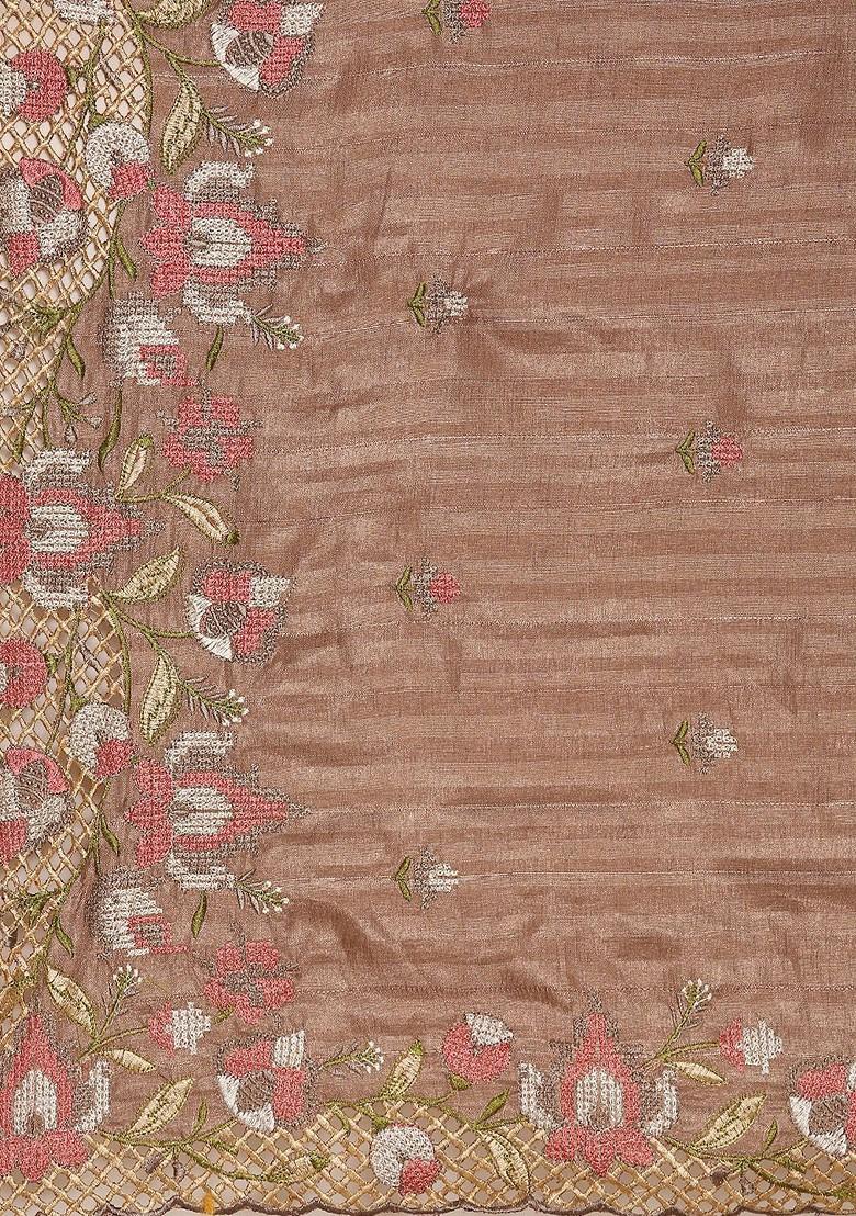 Brown Embroidered Blended Saree Set - Indya