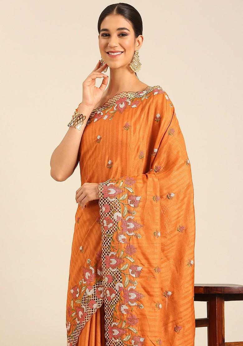 Mustard Embroidered Blended Saree Set - Indya