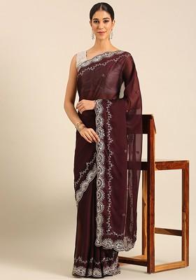 Brown Embroidered Blended Saree Set