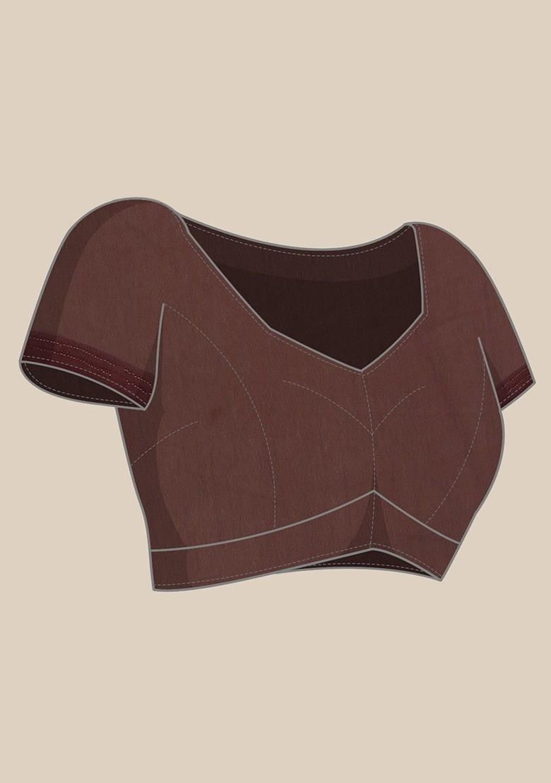 Brown Embroidered Blended Saree Set - Indya