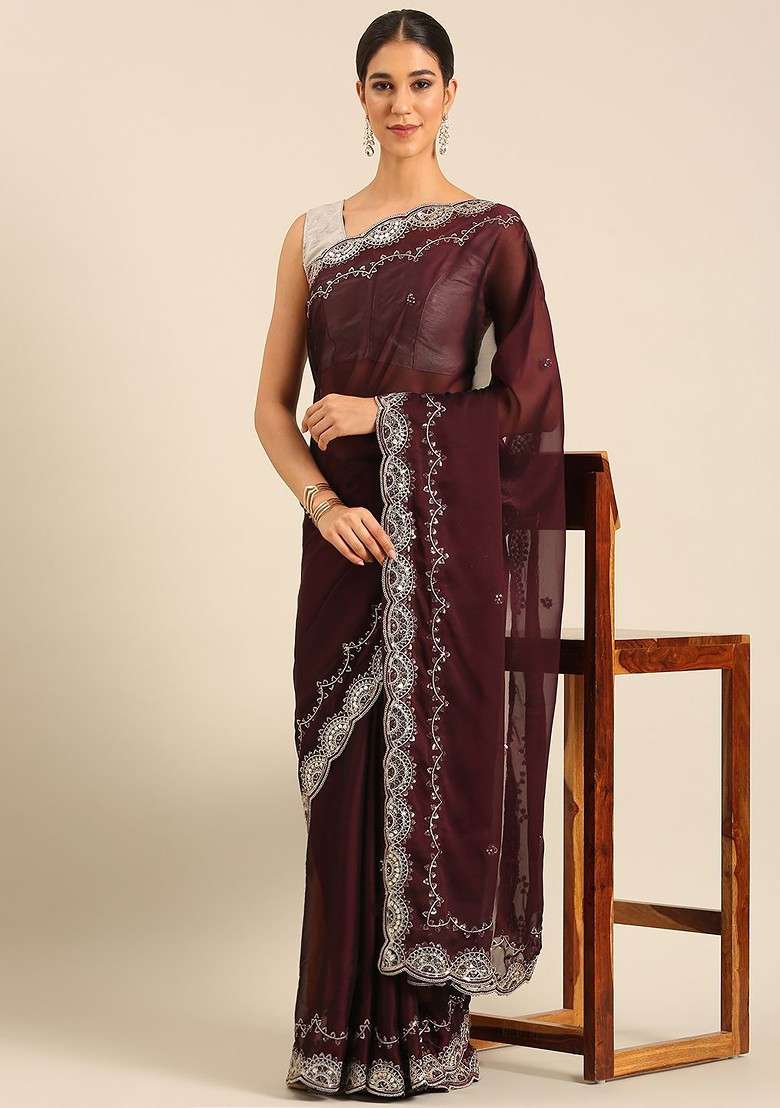Brown Embroidered Blended Saree Set for Diwali and Festive Wear - Indya
