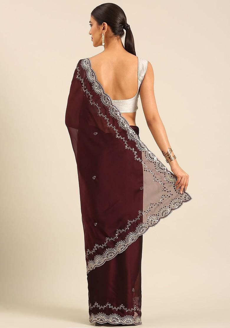 Brown Embroidered Blended Saree Set - Indya