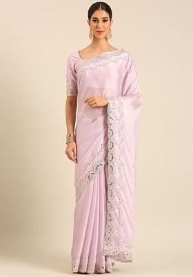 Lavender Embroidered Blended Saree Set