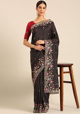 Black Embroidered Blended Saree Set