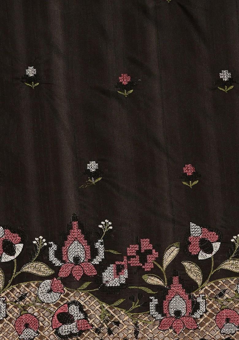 Black Embroidered Blended Saree Set - Indya
