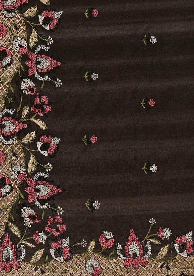 Black Embroidered Blended Saree Set - Indya