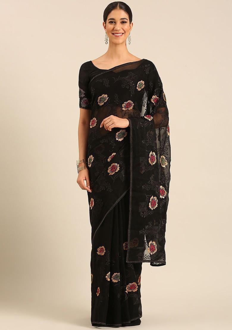 Black Embroidered Blended Saree Set - Indya