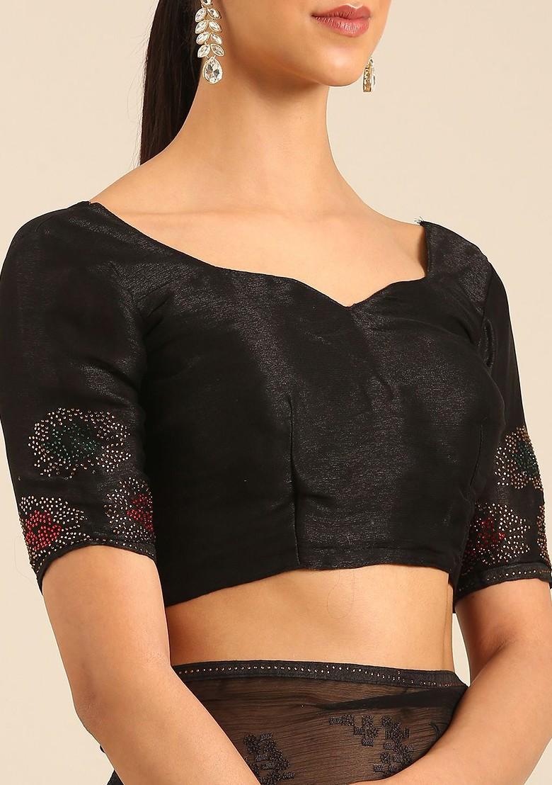 Black Embroidered Blended Saree Set - Indya