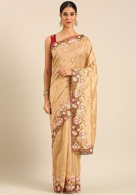 Cream Embroidered Blended Saree Set