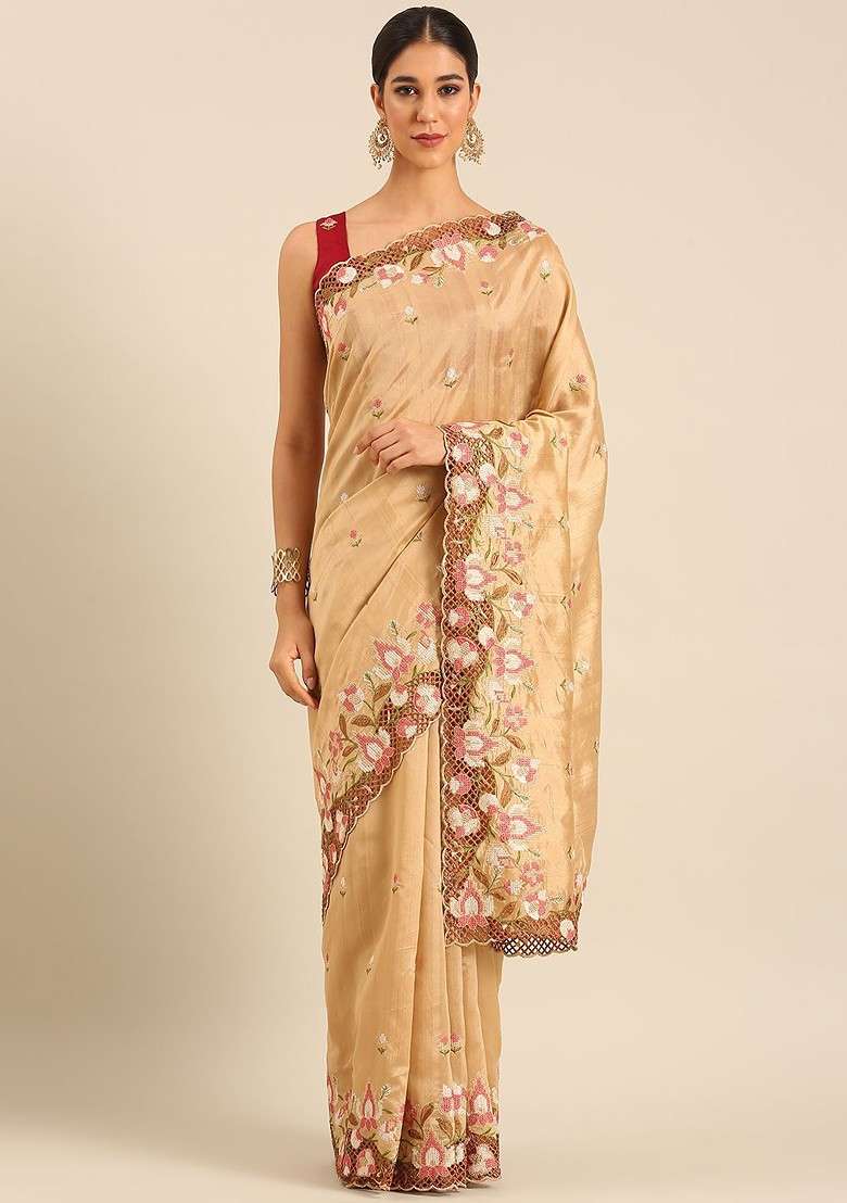 Cream Blended Saree Set with Embroidered for Diwali | Wedding & Festive Wear - Indya