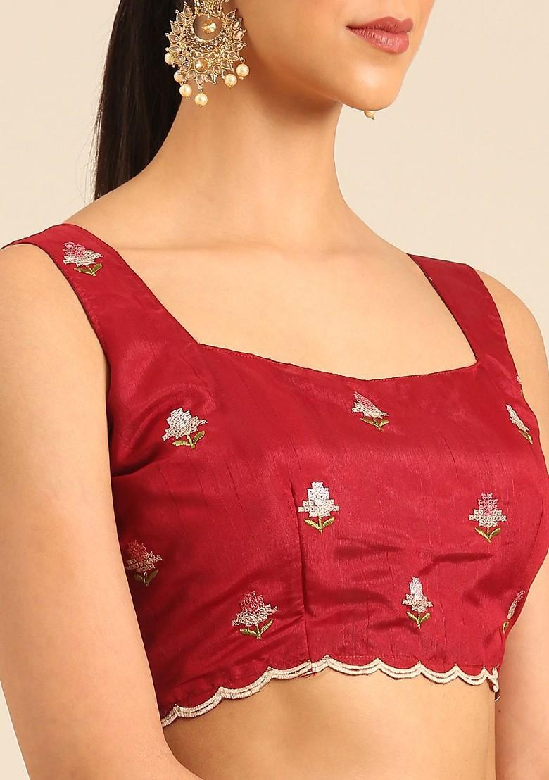 Cream Embroidered Blended Saree Set - Indya