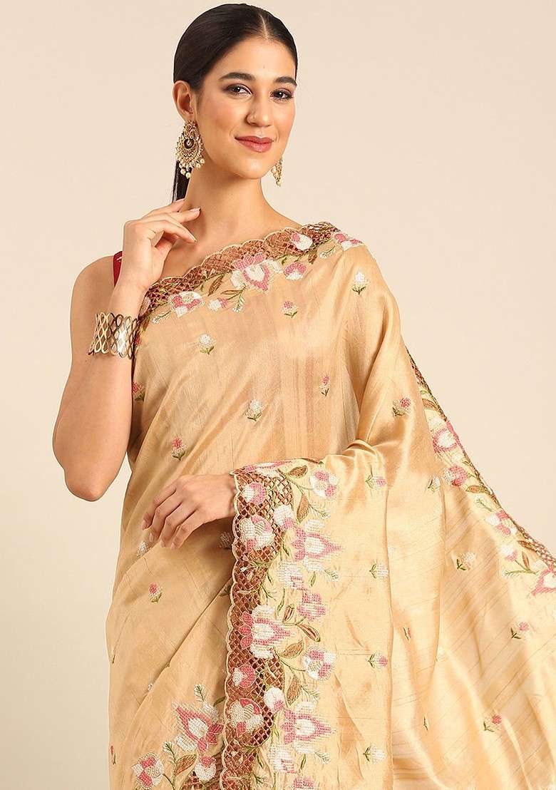 Cream Blended Saree Set with Embroidered for Diwali | Wedding & Festive Wear - Indya