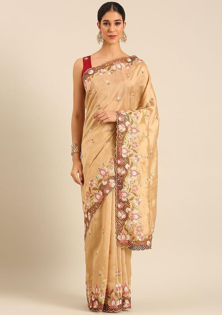 Cream Embroidered Blended Saree Set - Indya