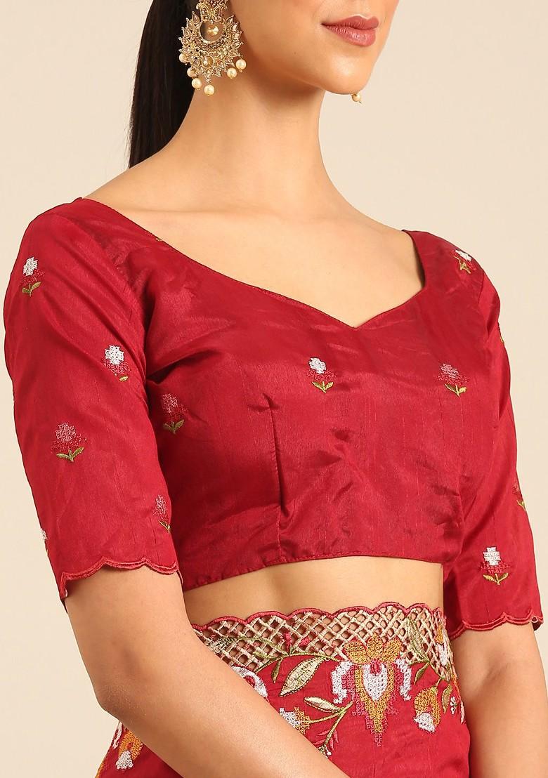Maroon Embroidered Blended Saree Set - Indya