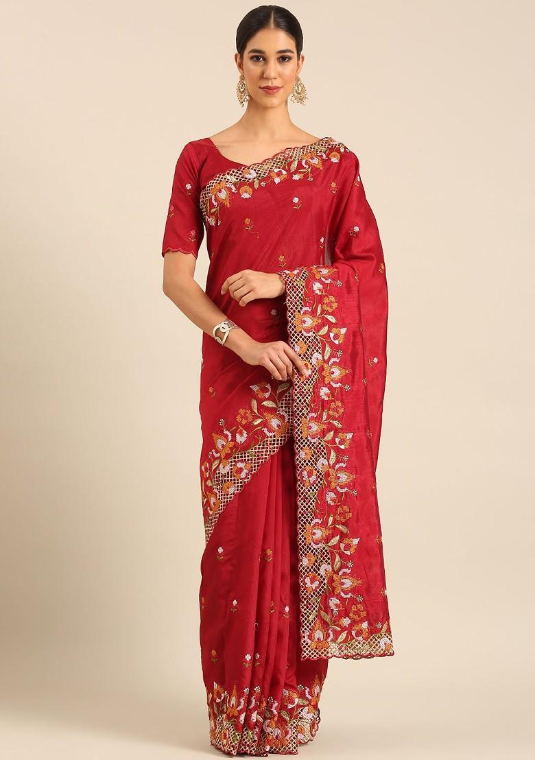 Maroon Embroidered Blended Saree Set - Indya