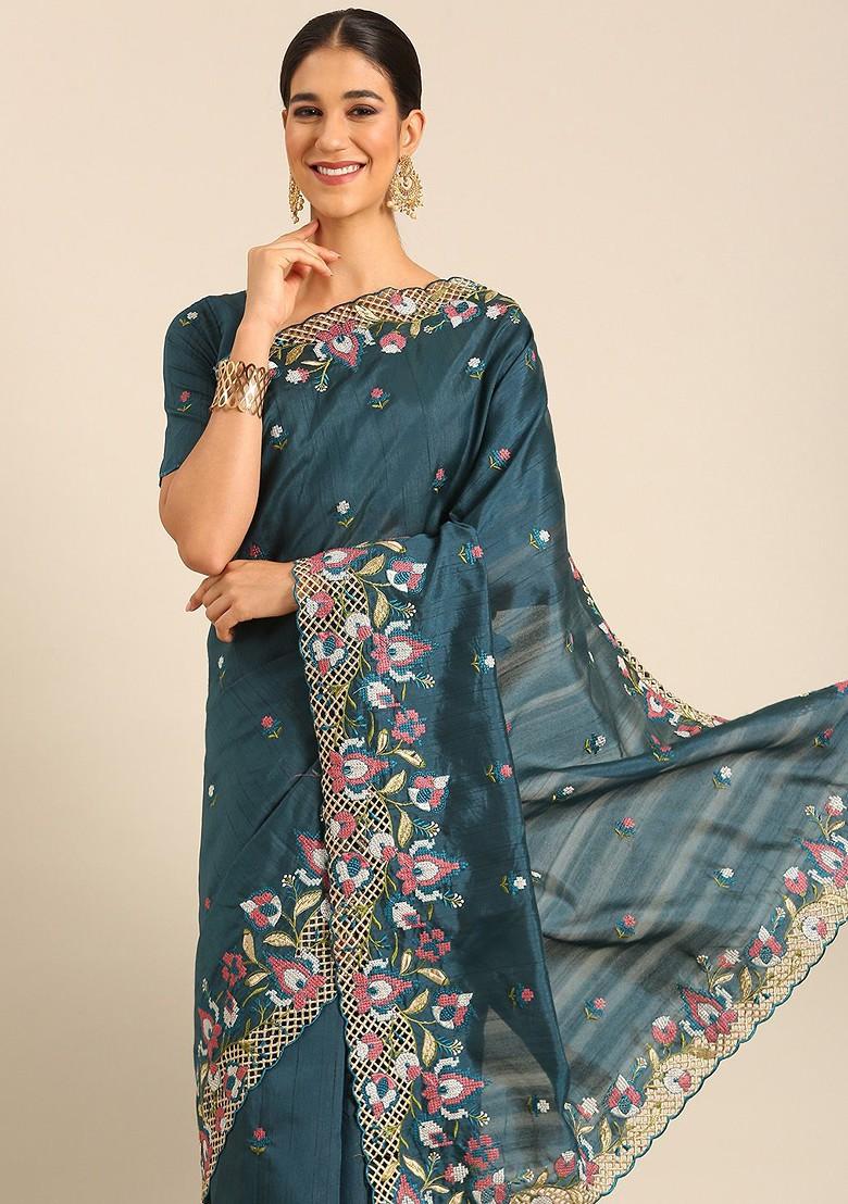 Teal Embroidered Blended Saree Set - Indya
