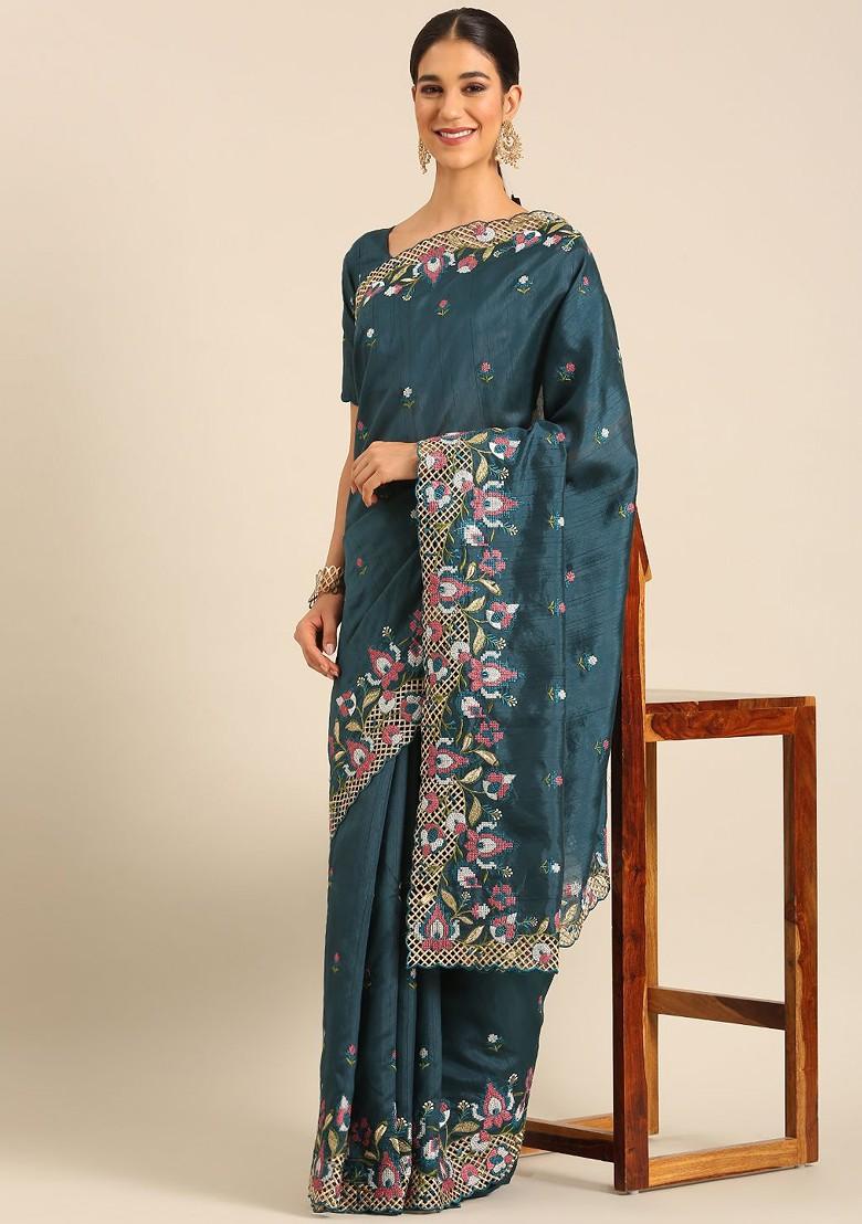Teal Embroidered Blended Saree Set - Indya