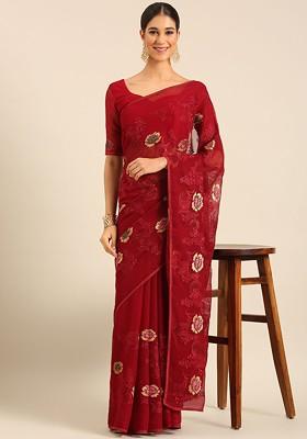 Maroon Embroidered Blended Saree Set