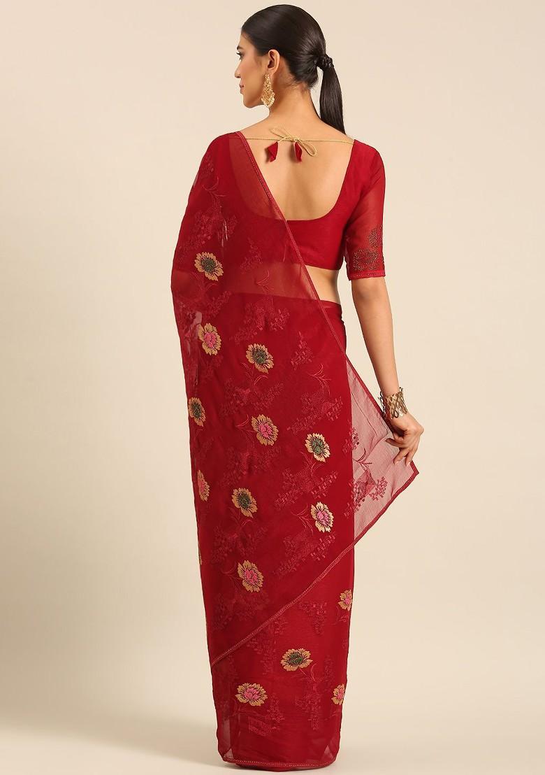 Maroon Embroidered Blended Saree Set - Indya