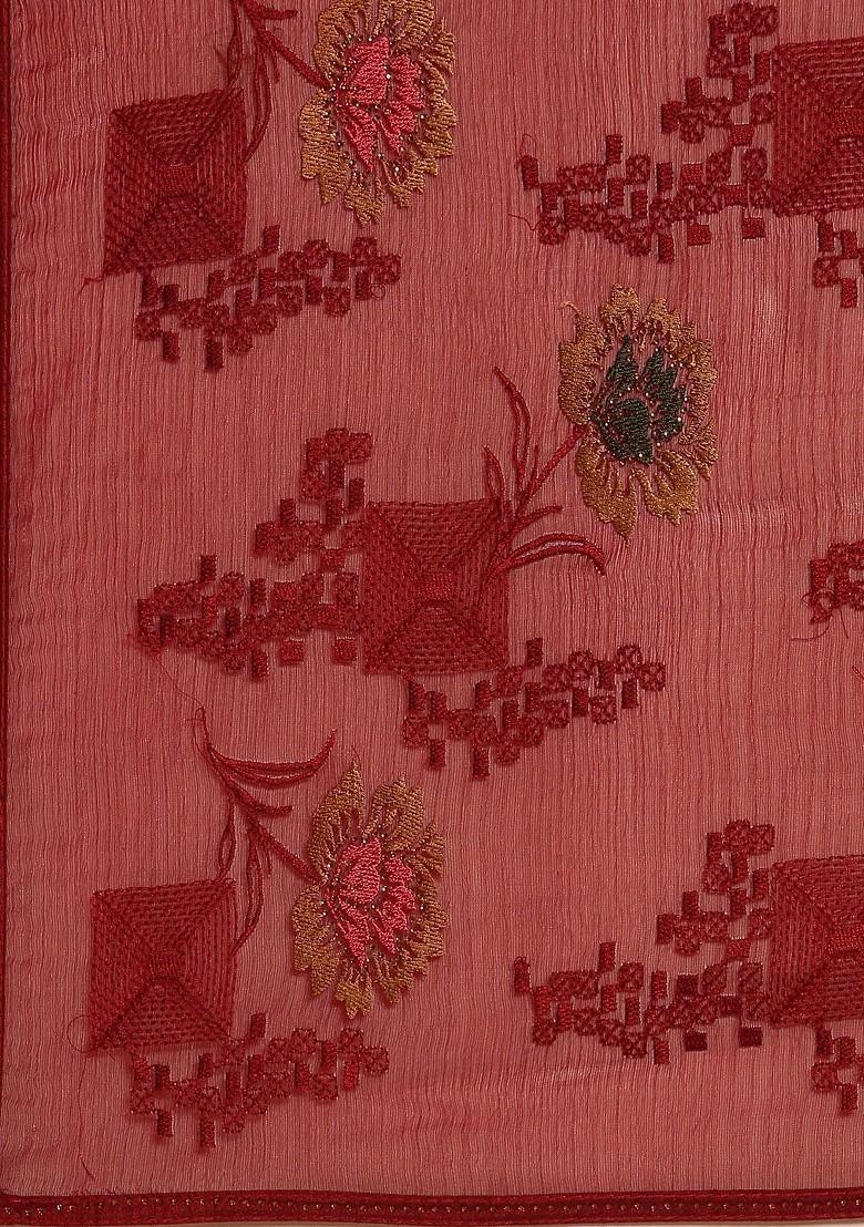 Maroon Embroidered Blended Saree Set - Indya