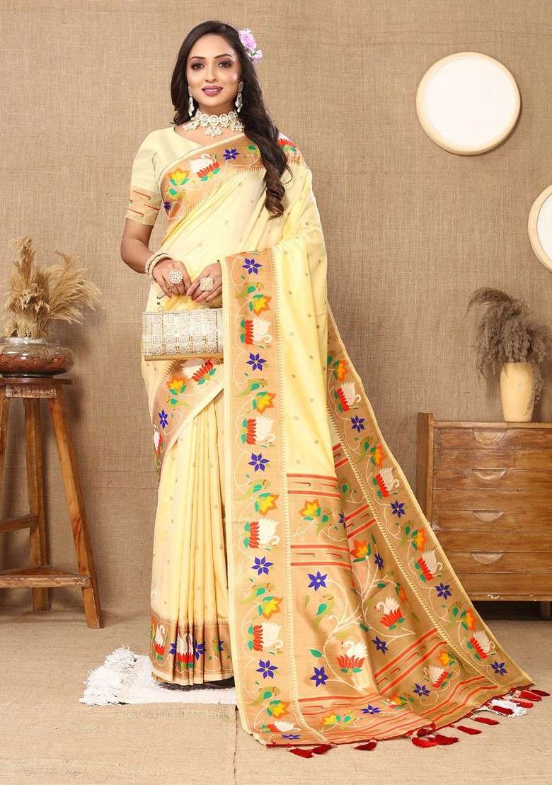 Cream Embroidered Blended Saree Set for Diwali and Festive Wear - Indya