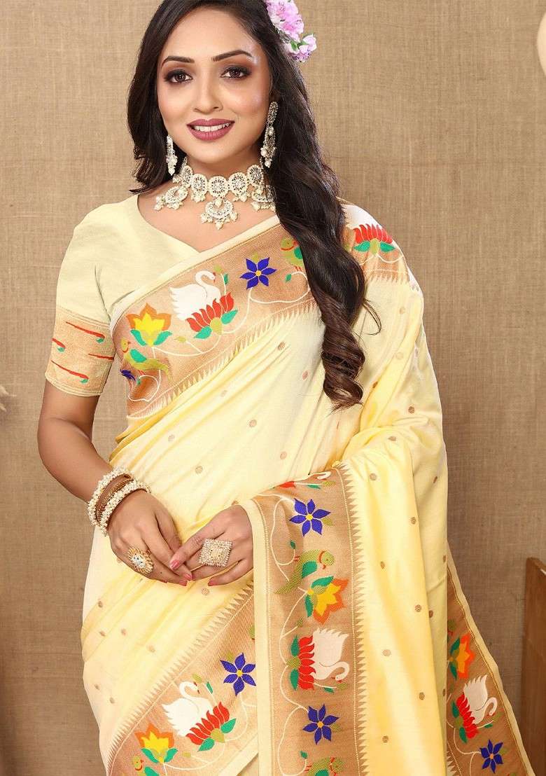 Cream Embroidered Blended Saree Set for Diwali and Festive Wear - Indya