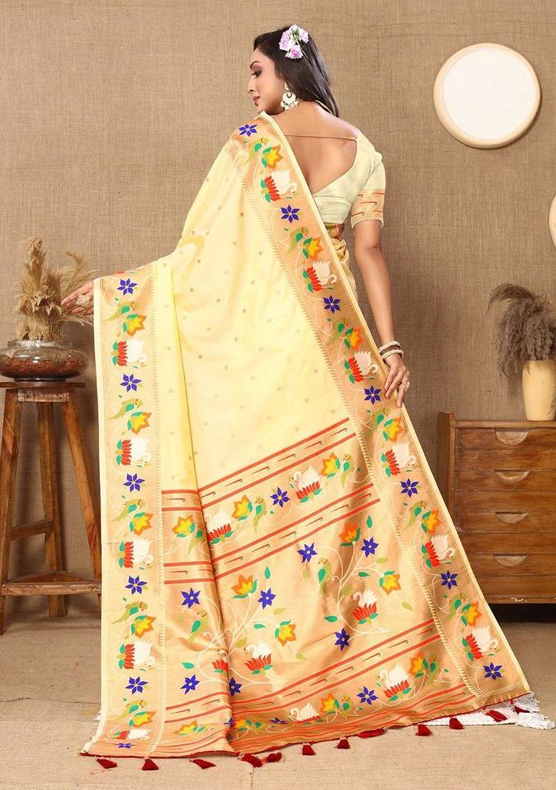 Cream Embroidered Blended Saree Set - Indya
