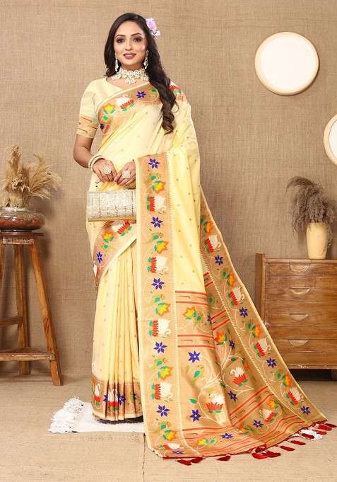 Cream Embroidered Blended Saree Set for Diwali and Festive Wear
