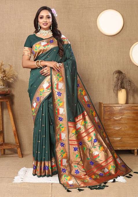 Green Blended Saree Set with Embroidered for Diwali | Wedding & Festive Wear