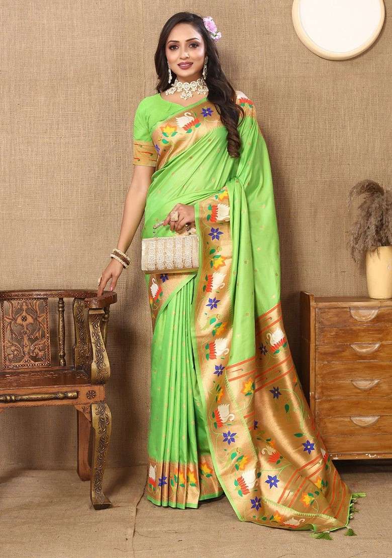 Green Embroidered Blended Saree Set for Diwali and Festive Wear - Indya