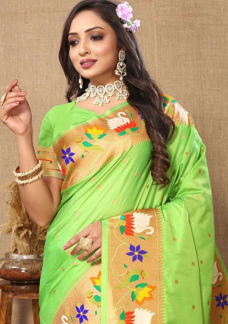 Green Embroidered Blended Saree Set for Diwali and Festive Wear - Indya