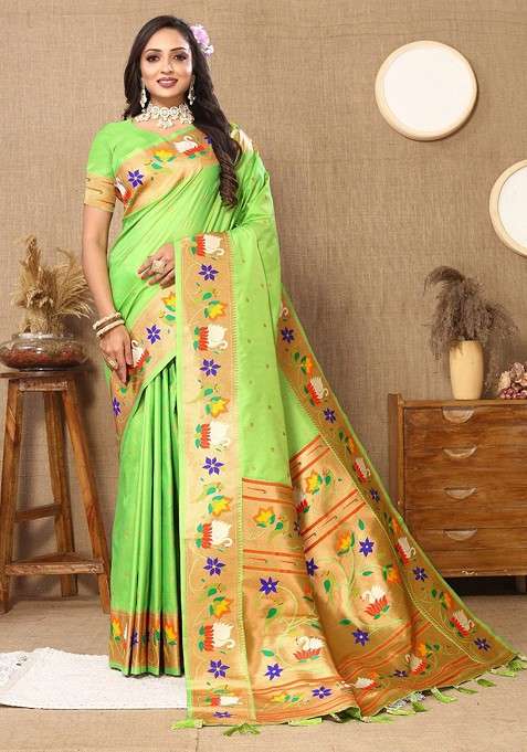 Green Embroidered Blended Saree Set for Diwali and Festive Wear