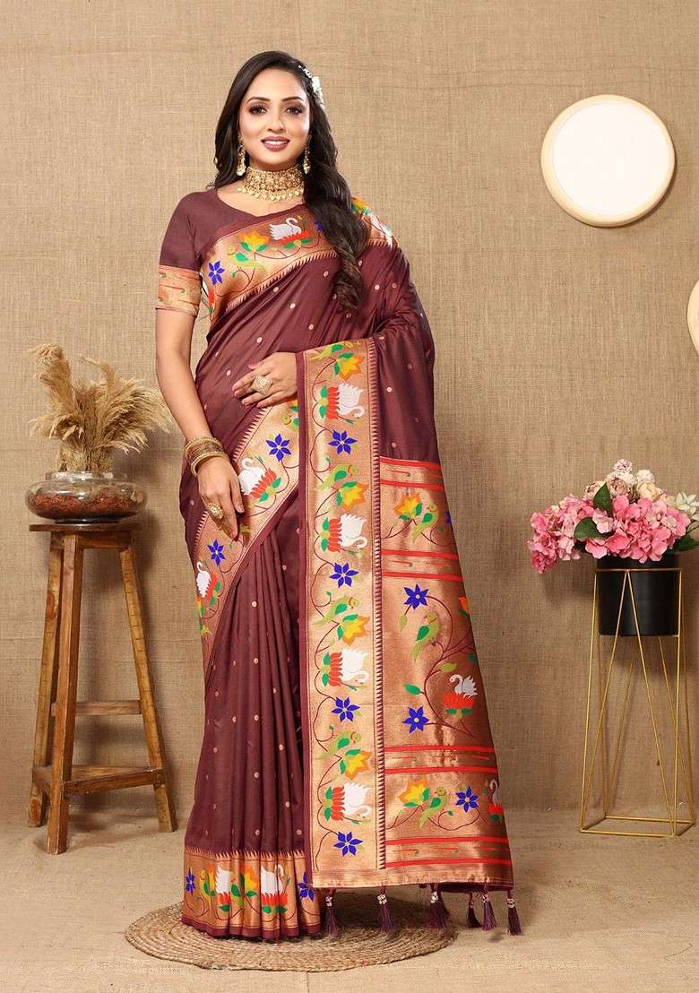 Brown Embroidered Blended Saree Set for Diwali and Festive Wear - Indya
