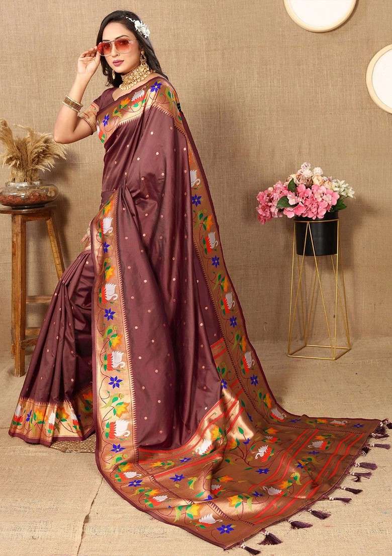 Brown Embroidered Blended Saree Set for Diwali and Festive Wear - Indya