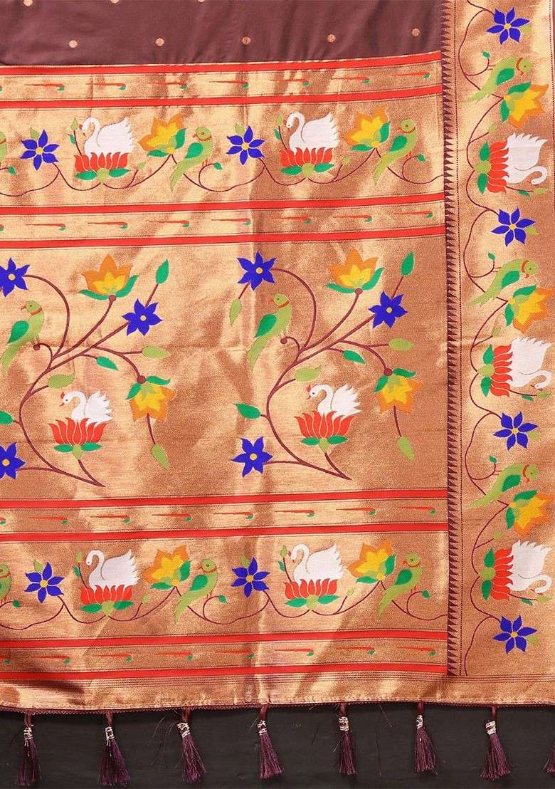 Brown Embroidered Blended Saree Set for Diwali and Festive Wear - Indya