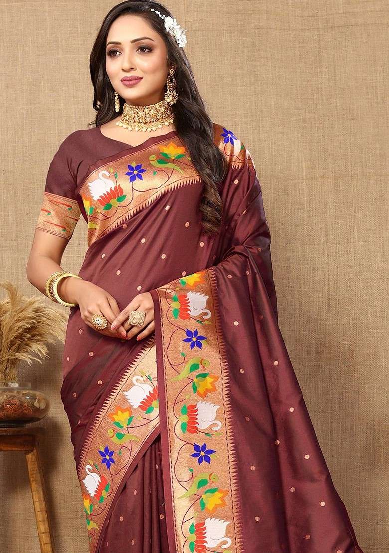 Brown Embroidered Blended Saree Set for Diwali and Festive Wear - Indya