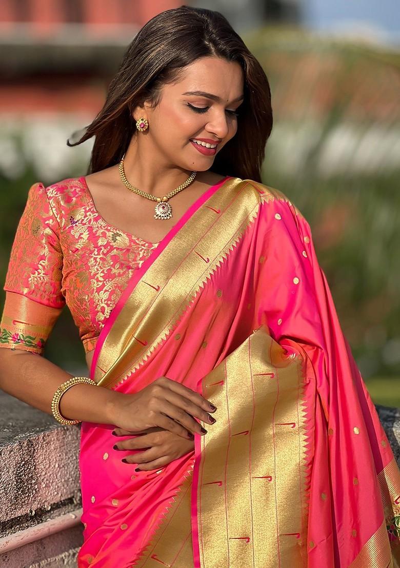 Peach Embroidered Blended Saree Set - Indya