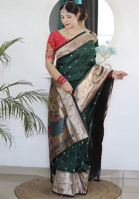 Green Embroidered Blended Saree Set