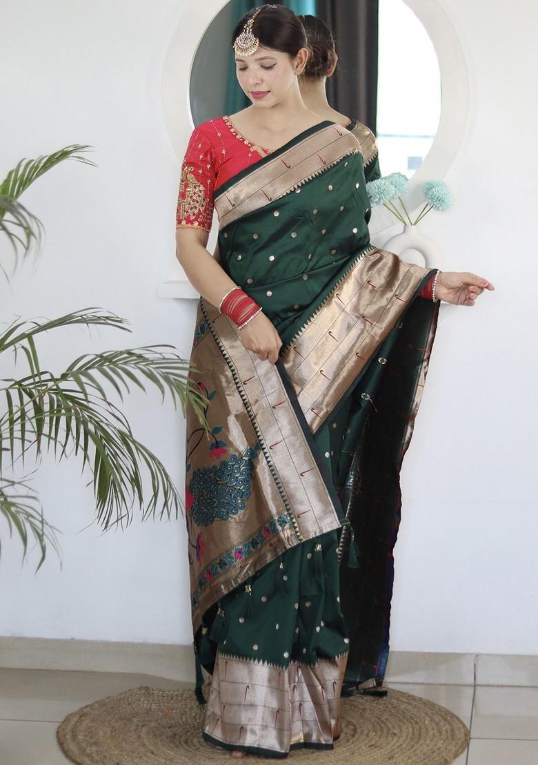 Green Embroidered Blended Saree Set - Indya