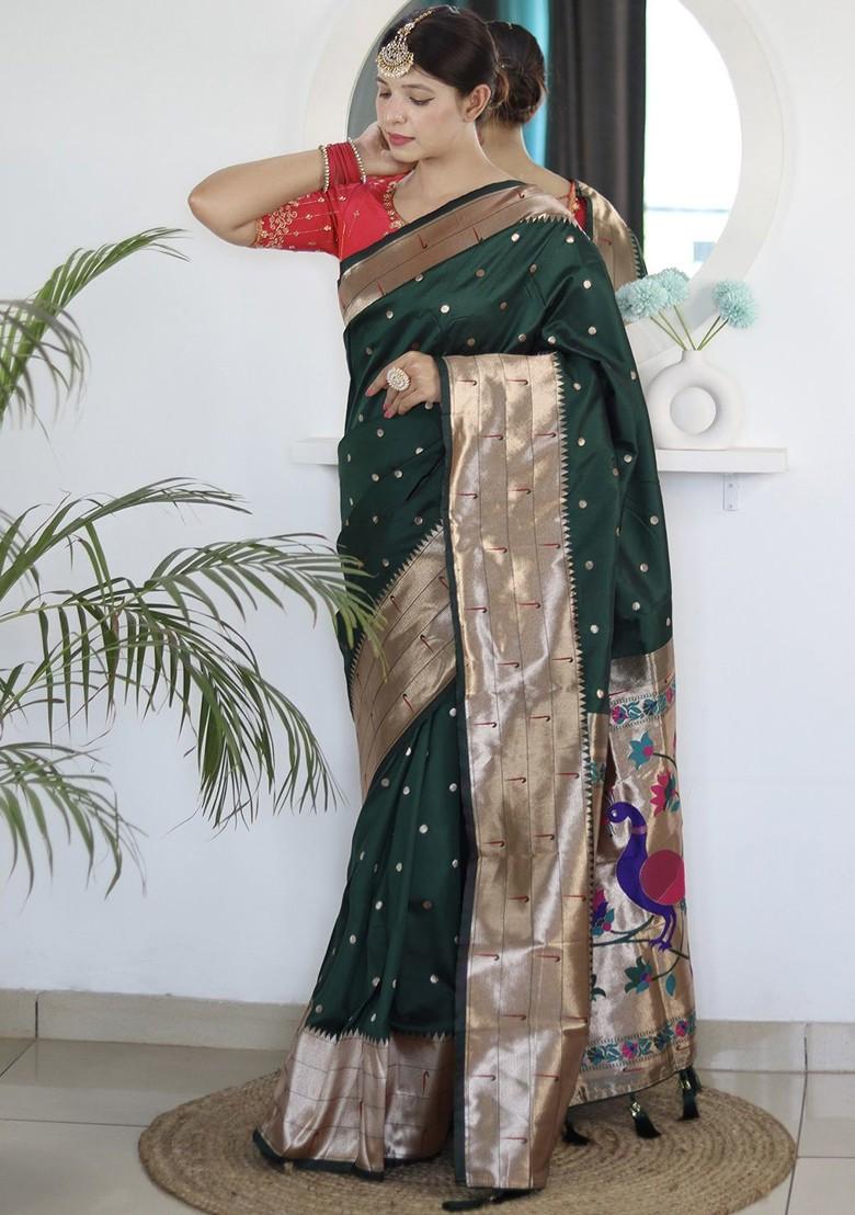 Green Embroidered Blended Saree Set - Indya