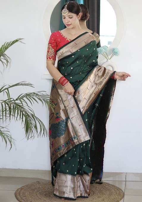 Green Embroidered Blended Saree Set for Diwali and Festive Wear
