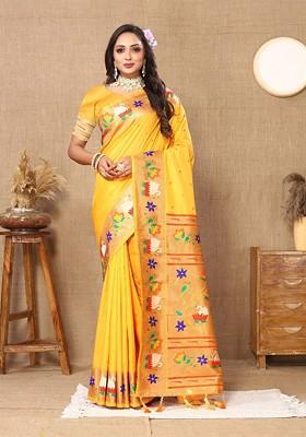 Yellow Embroidered Blended Saree Set