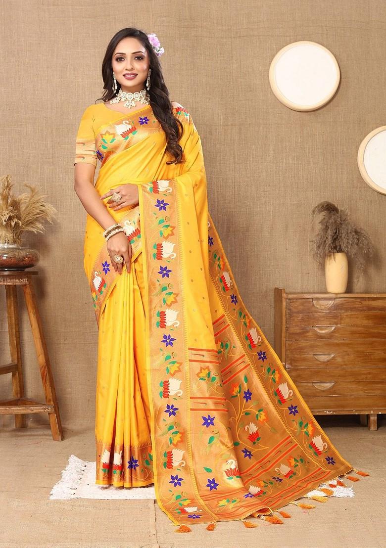 Yellow Embroidered Blended Saree Set - Indya