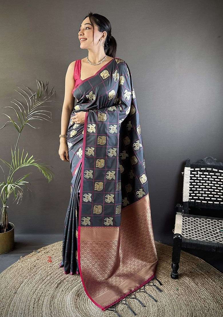 Grey Blended Saree Set with Embroidered for Diwali | Wedding & Festive Wear - Indya